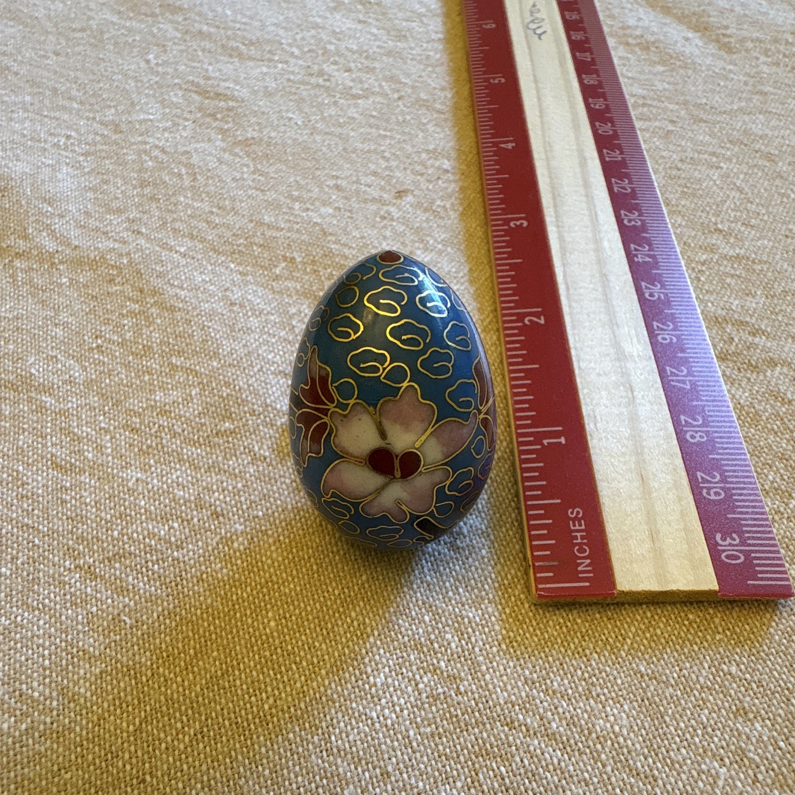 Blue Floral Cloisonne Style Collector Egg Figurine, Hand Painted, 1.5 in