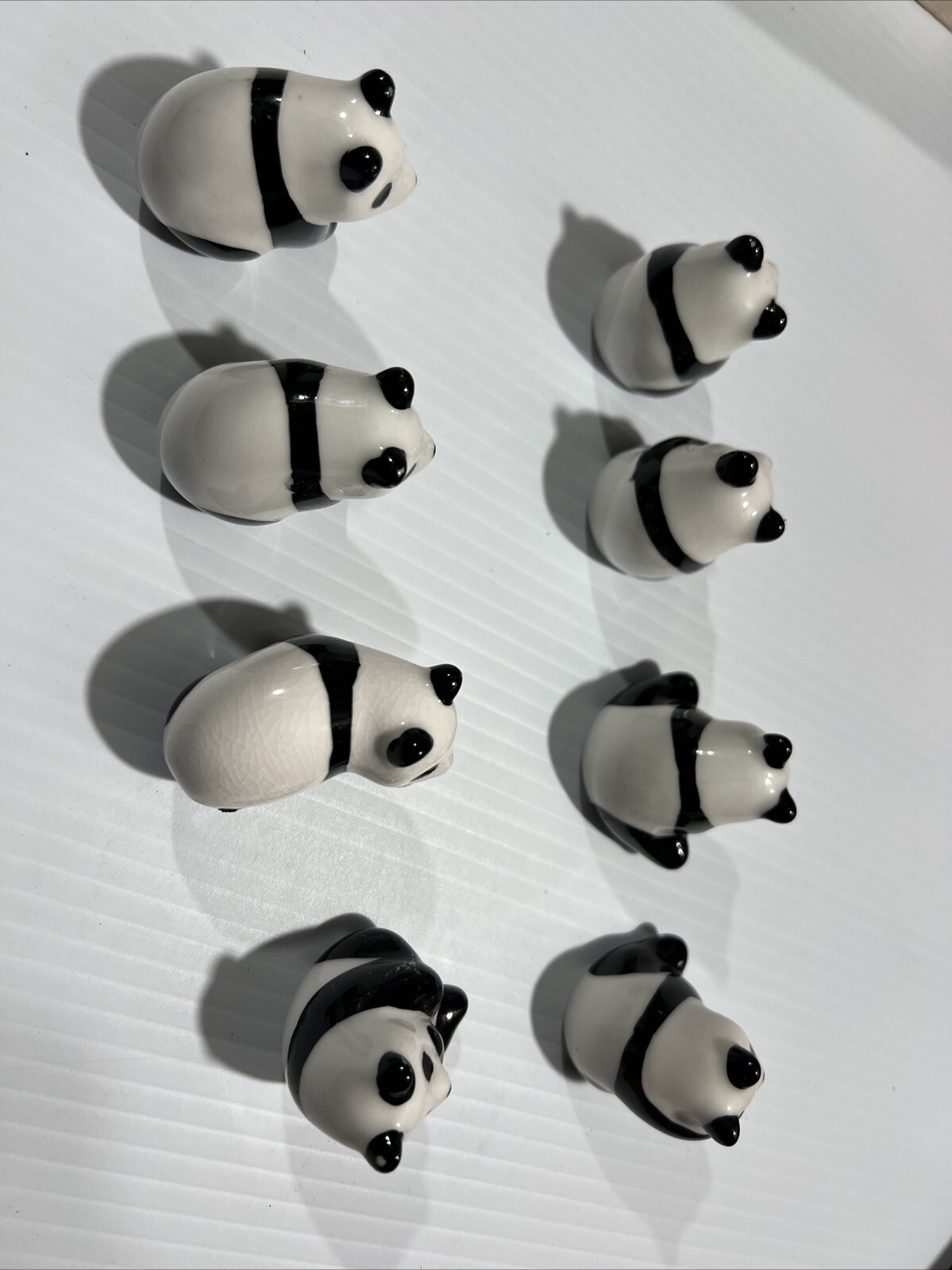 8 Panda Bear White Black Ceramic Glossy Figurines 1.75in – 2in Tall