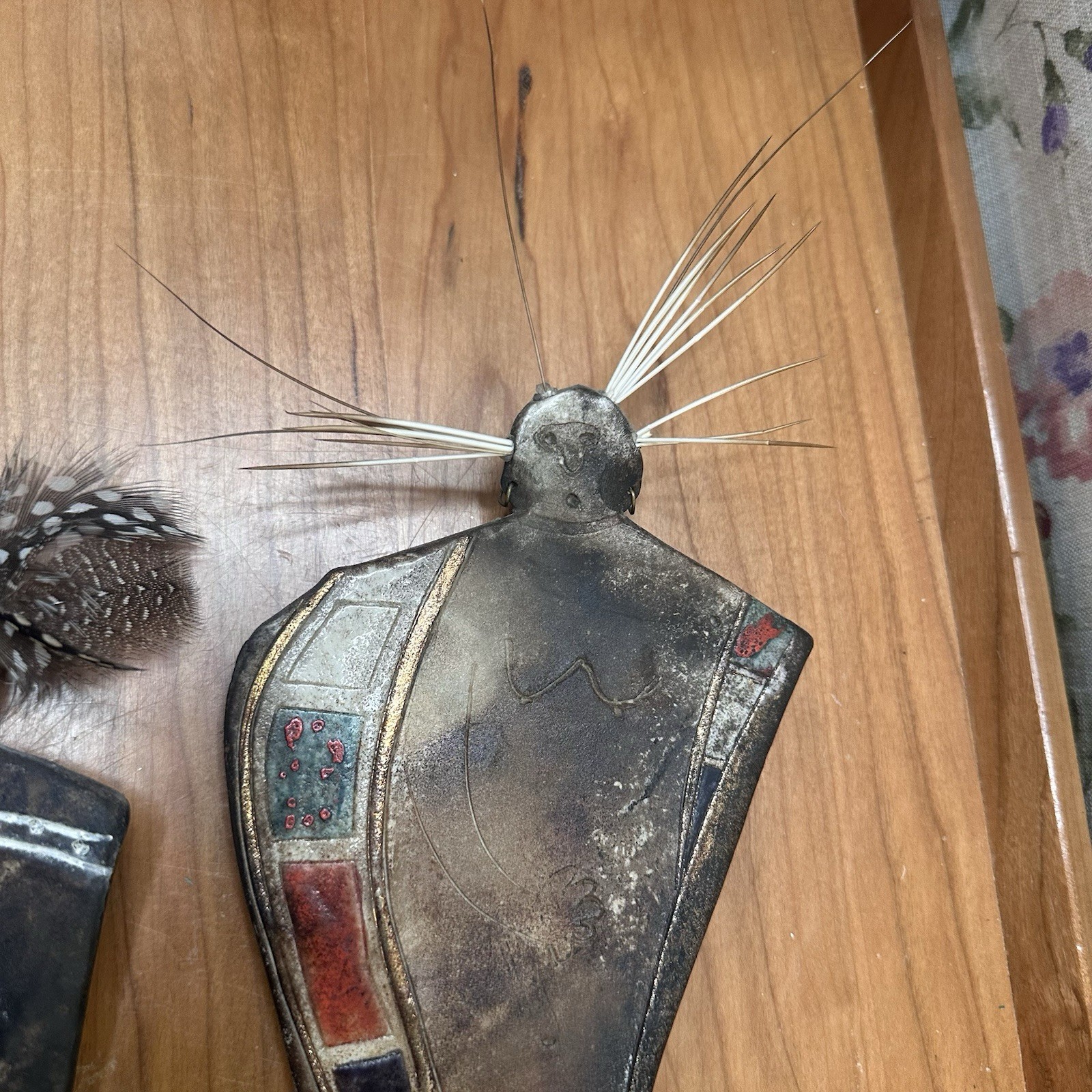 RARE Antique Handmade Metal Like Spirit Figures Feathers Porcupine Native Carvin