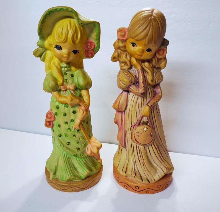 2 Pc Set Vintage 1970s Hippie GIRL Figurine Flower Child Retro Girl Boho MCM 12″