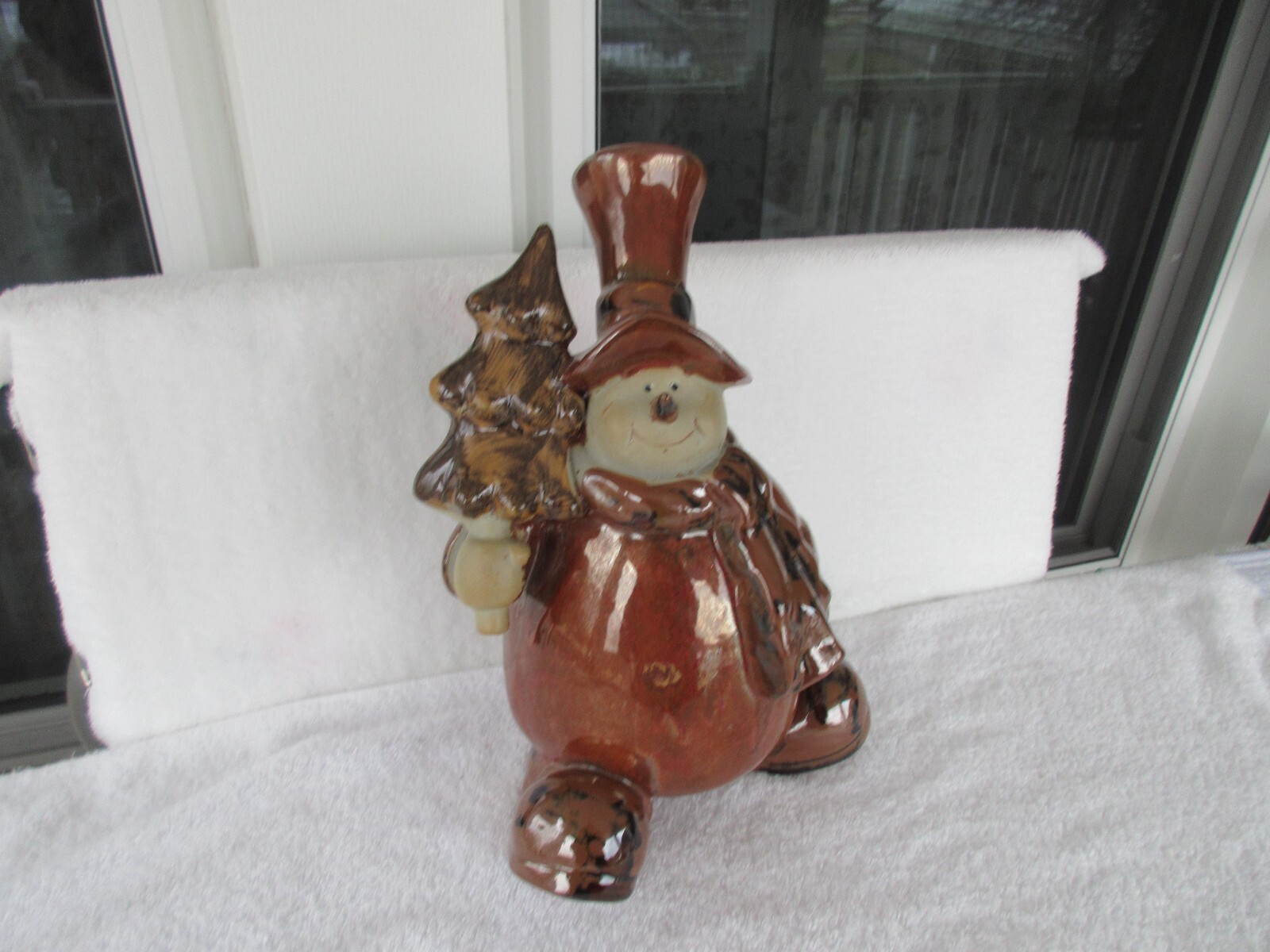 VTG Lg Christmas Statue/Figurine Art Pottery Snowman Tree Glossy Winter Decor