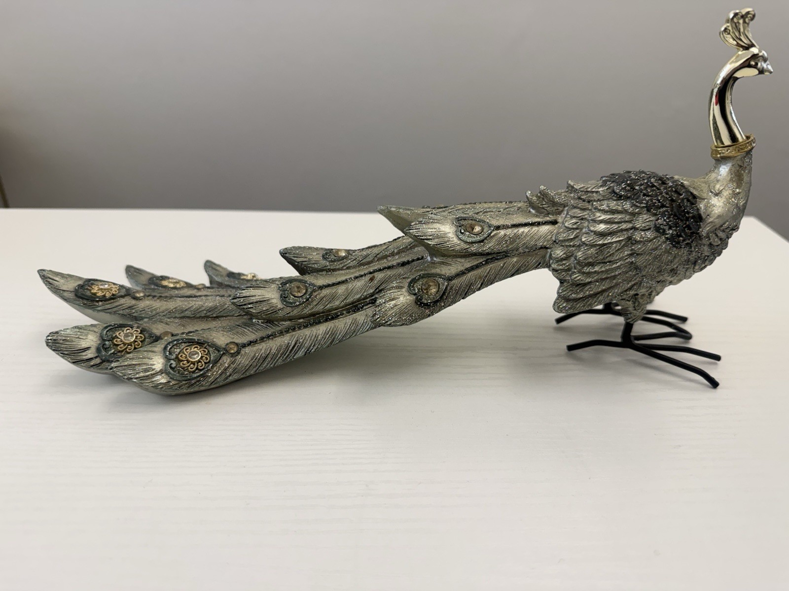 Peacock figurine Gold Silver Tone Long tail Decorative home Decor