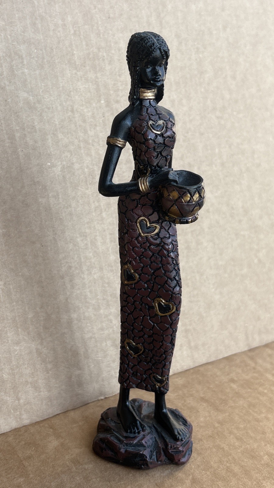 Carved Resin Lady Classic Figurine Heart Dress Woman Carrying Basket