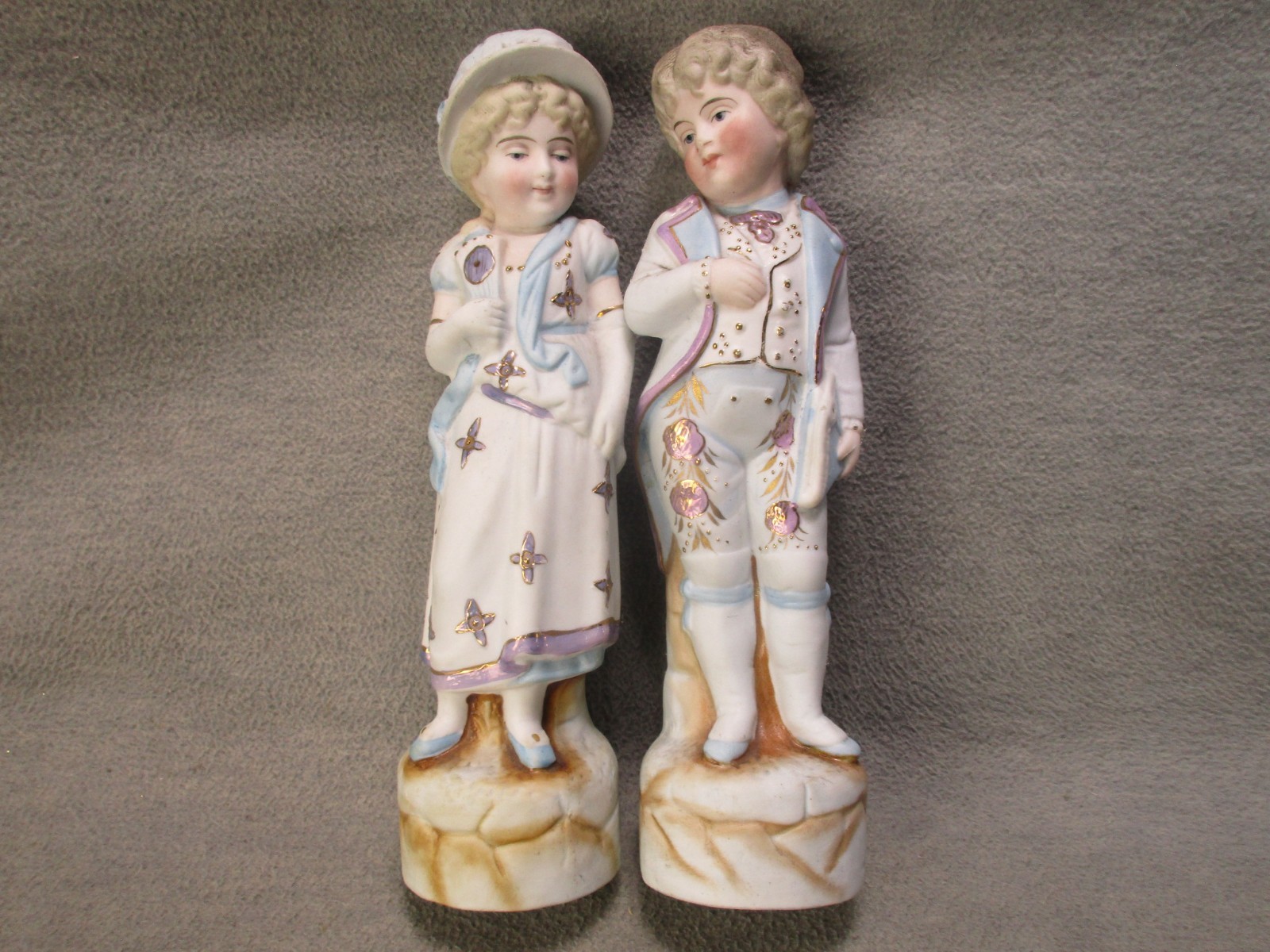 Antique Pair Non Glazed Boy & Girl Blue Pink Gold Pastel 10″ Stamp 5468