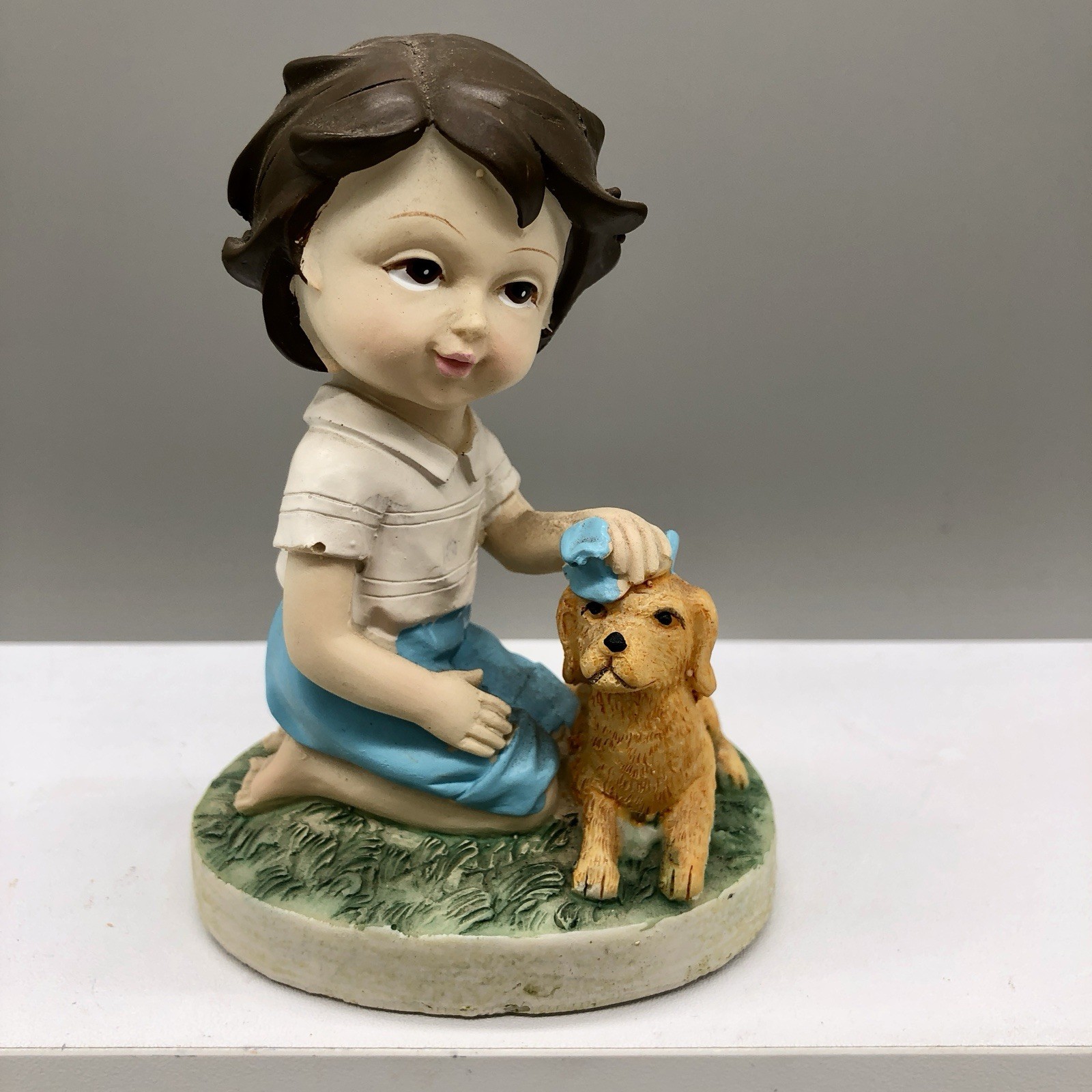 VINTAGE FIGURINE Little Boy with Dog Puppy Resin 4” tall