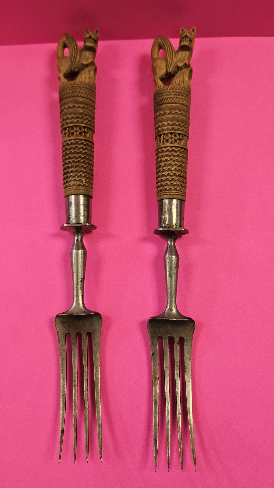 Rare Pair Antique 1889 Dutch Zeeland Carved Wood Serving Forks Snikkerwerk Folk