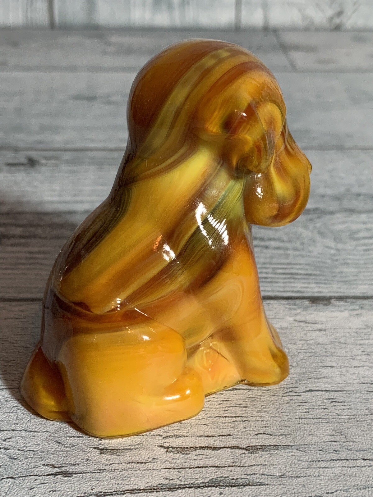 Vtg Pooch The Dog Degenhart Bittersweet Burnt Orange Slag Glass UV Glow Marked D