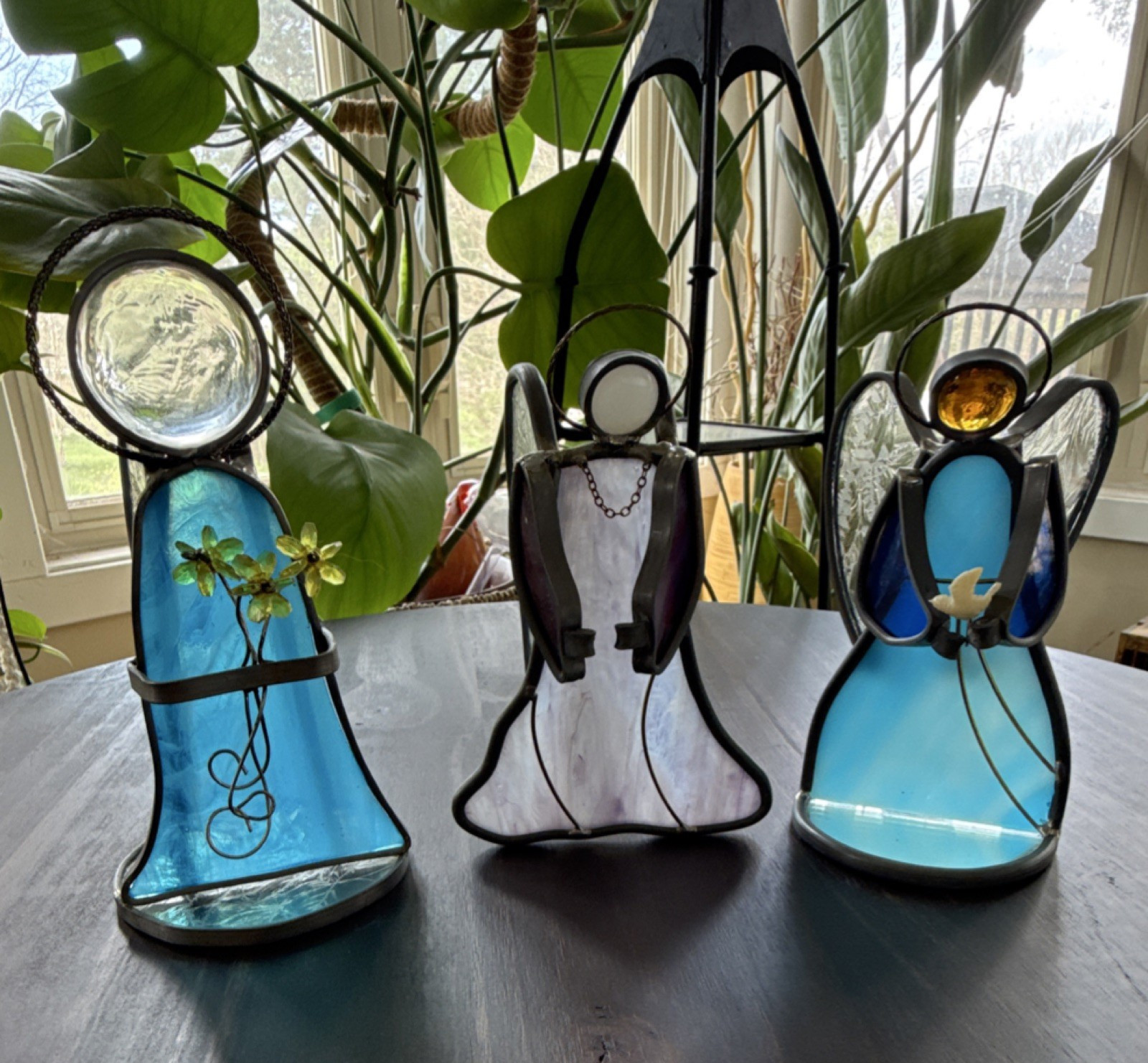 Stained Glass Angel Figurine Set of 3 Handmade Blue Clear Purple Yellow White 3D