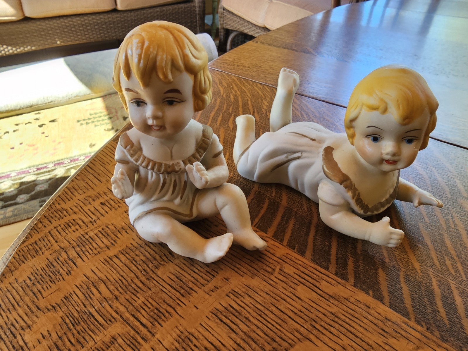 2 Vintage Porcelain Bisque Piano Babies Sitting Laying ~5-6″