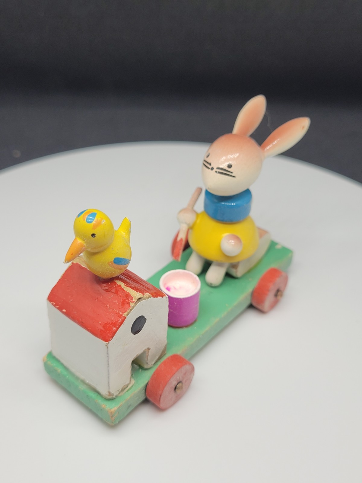 Vtg Goula Spain Wood Easter Figure Bunny Rabbit Paints Egg on Wheels Push Toy
