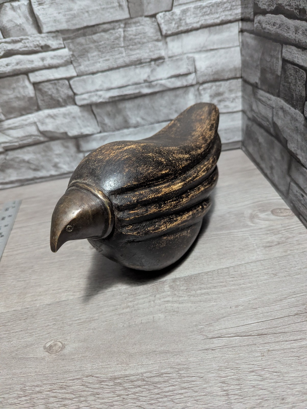 5.5″x10″ Carved Wood w/Brass Metal Head Bird Folk Art Animal Sculpture Totem