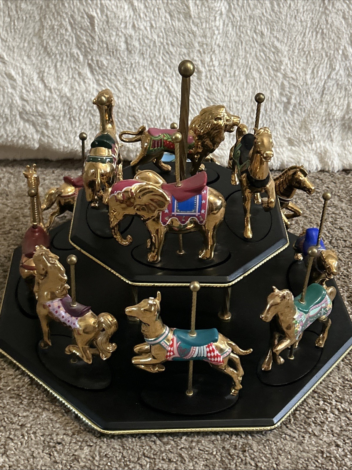 Vintage Franklin Mint Golden Carousel With Display Stand. Various Animals