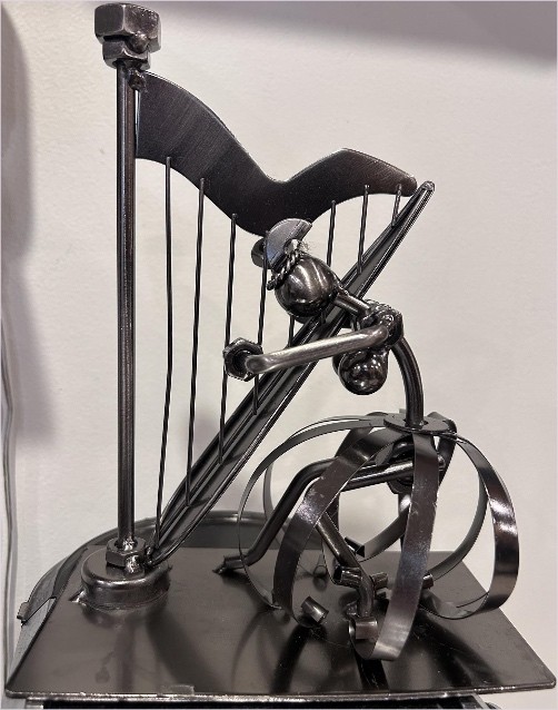 Handcrafted Metal Musician with Harp Figurine