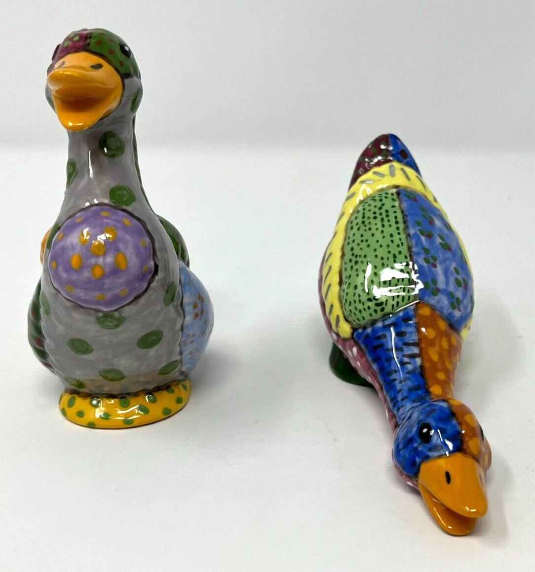 2 Vintage Ceramic Colorful Quilted Pattern Country Ducks Figurines, Signed