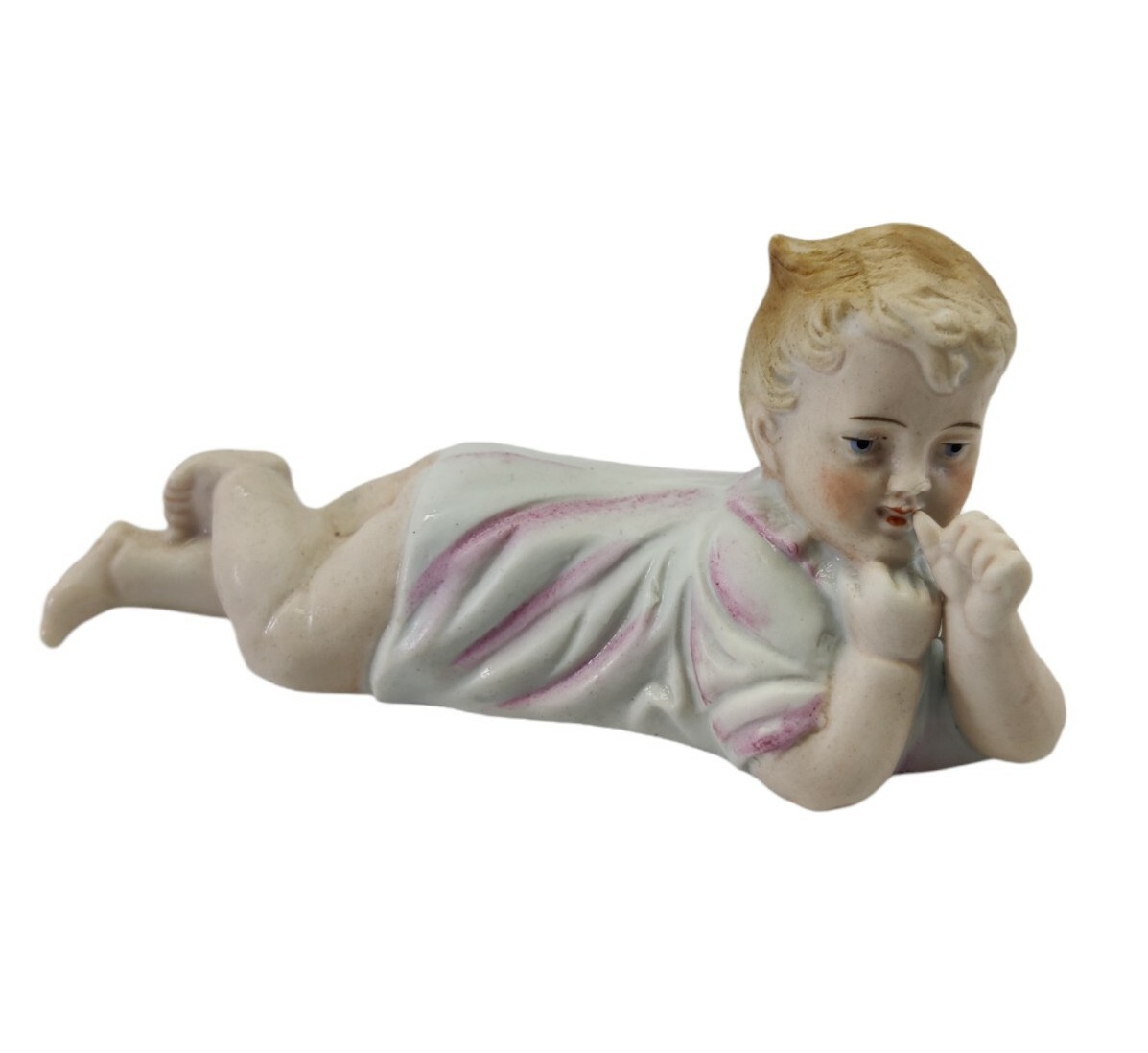 Antique German Bisque Baby Girl Laying Piano Baby Figurine Sculpture