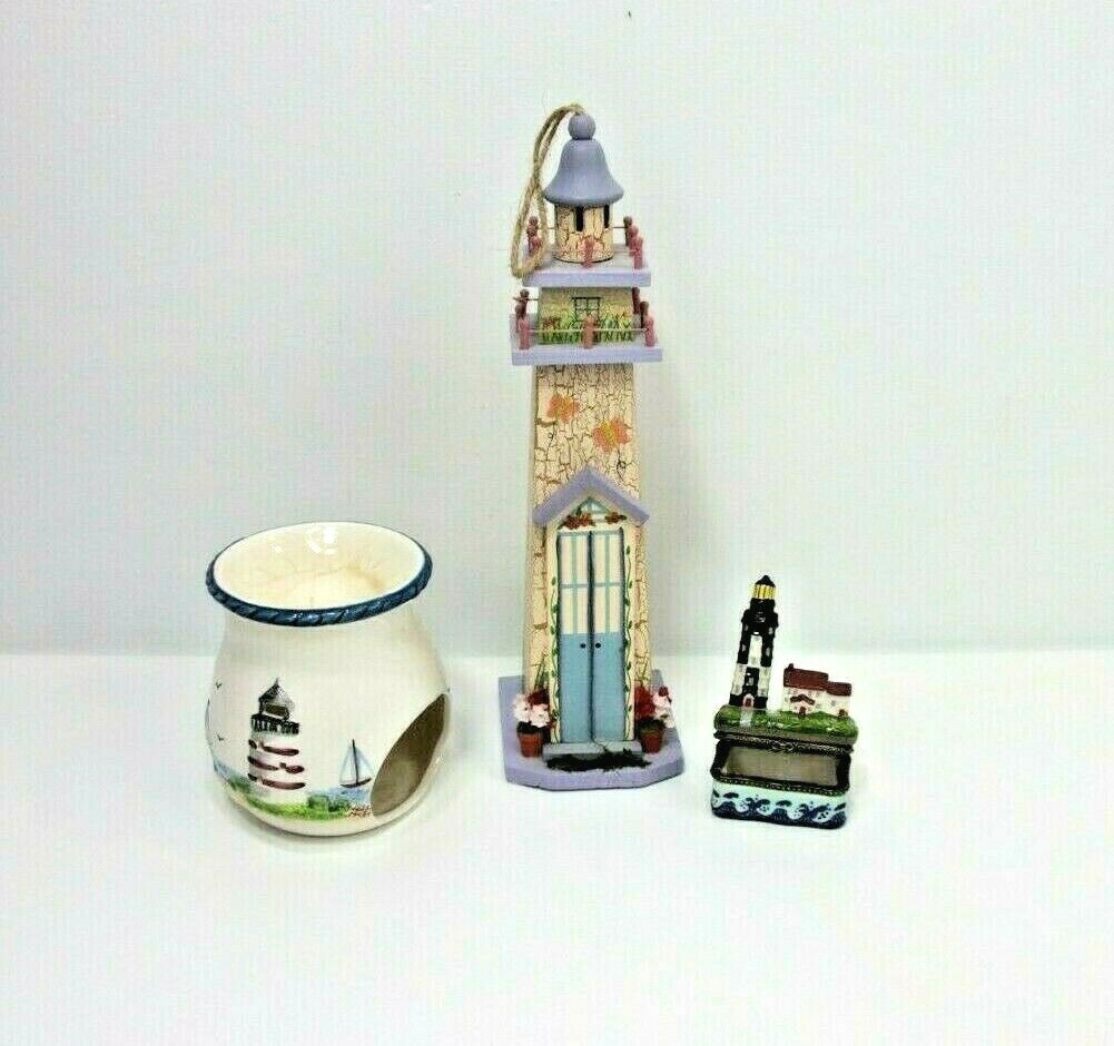 Lighthouse Decor LOT of 3 items: 1 Box :1 Tea Light Burner : 1 Wooden Lighthouse