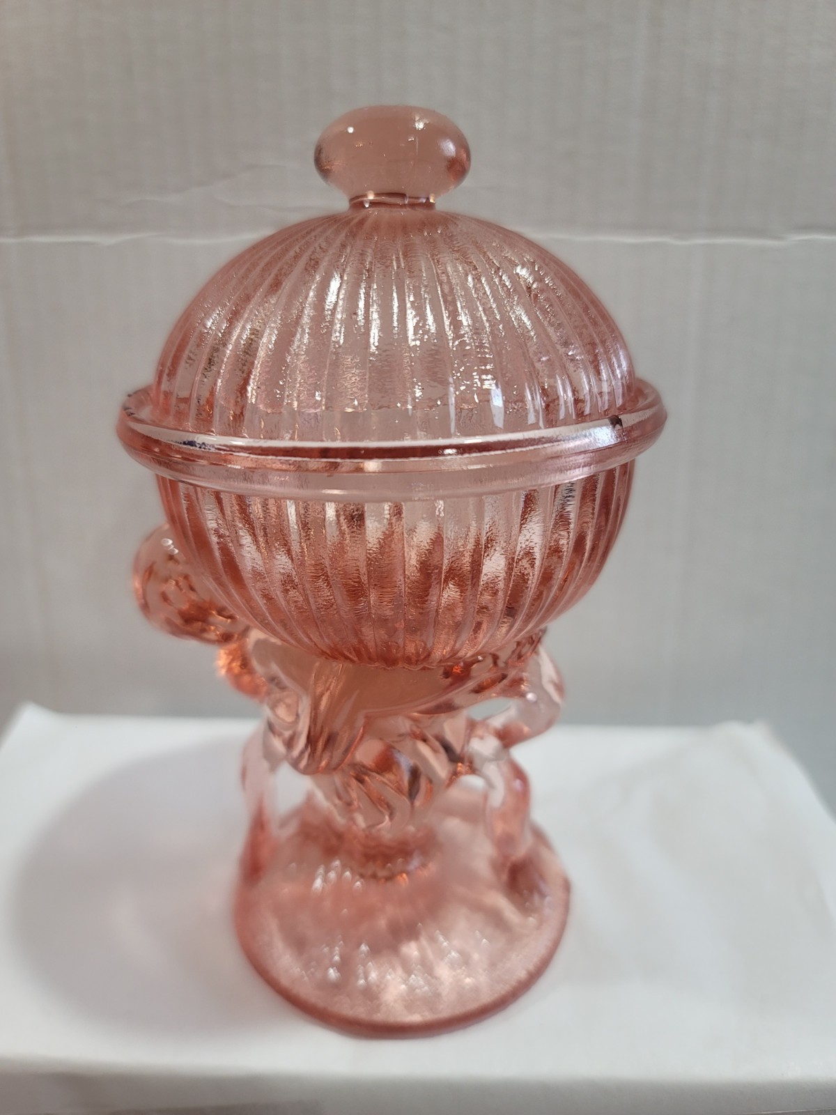 Vintage Selenium Glass Cherub Boy Holding Fluted Globe Lidded Candy Jar 6.25″ H