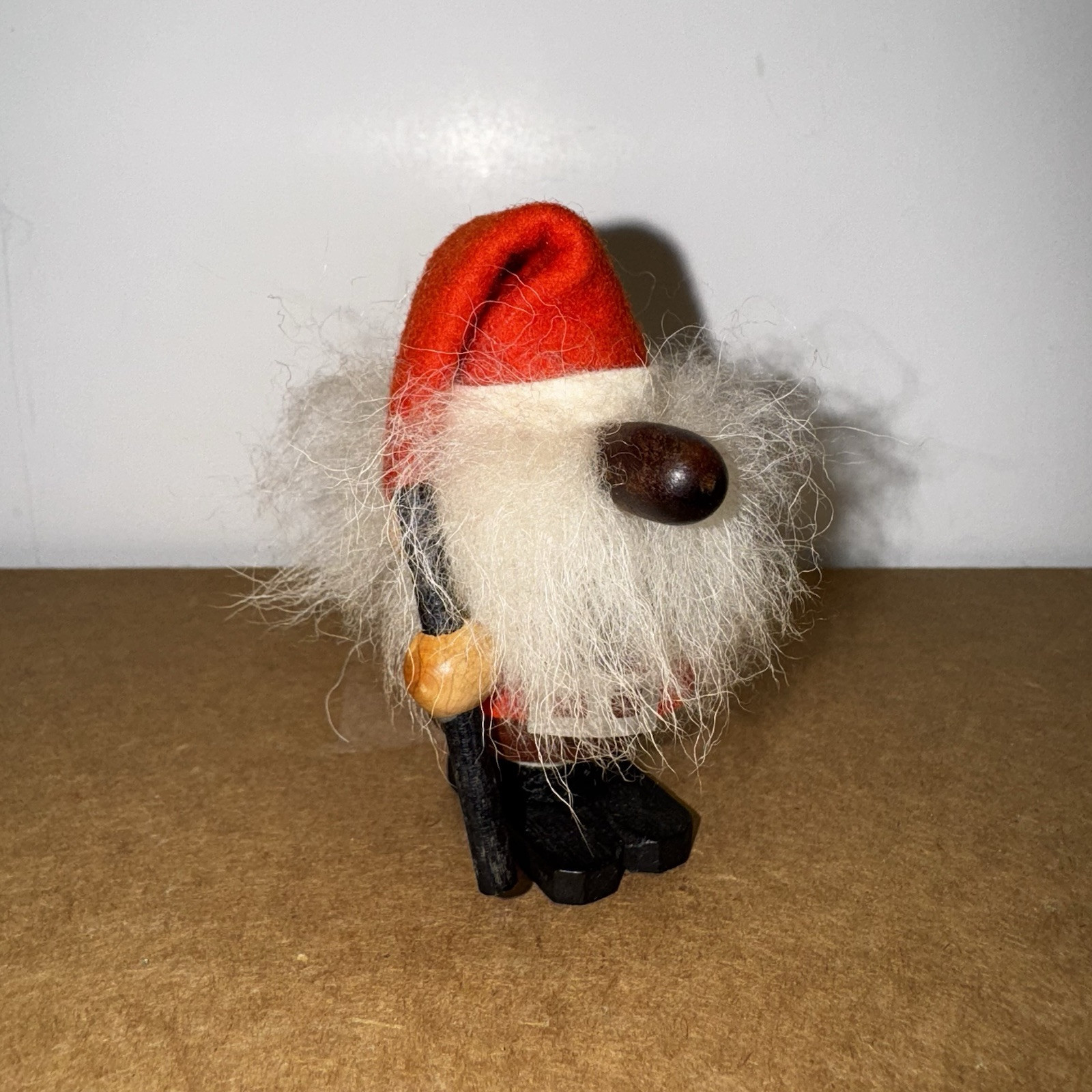 Goula Of Spain Vintage Big Nose Santa Figure 2.8” Holding A Staff Wood Fur