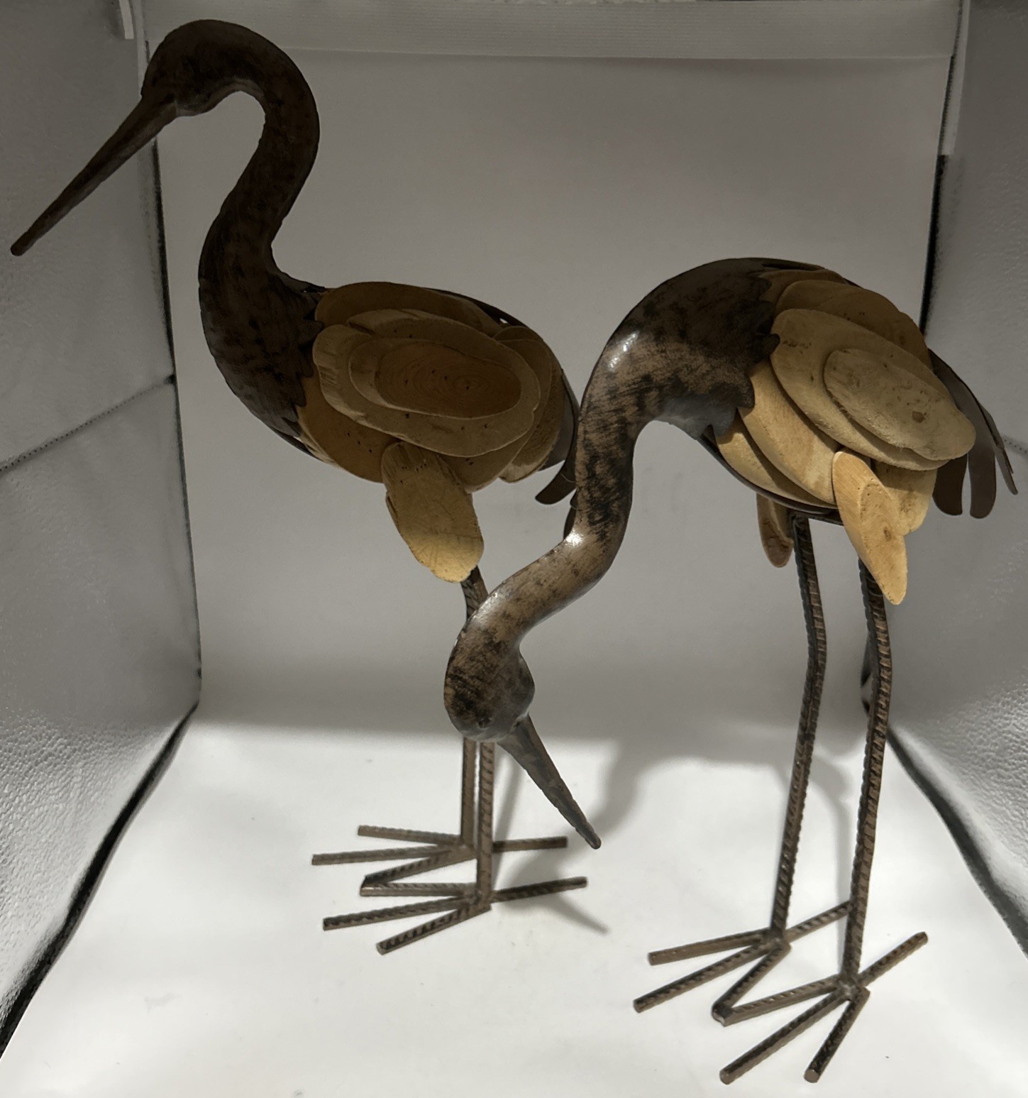Set of 2 Heron Statues hand crafted from wood and textured metal