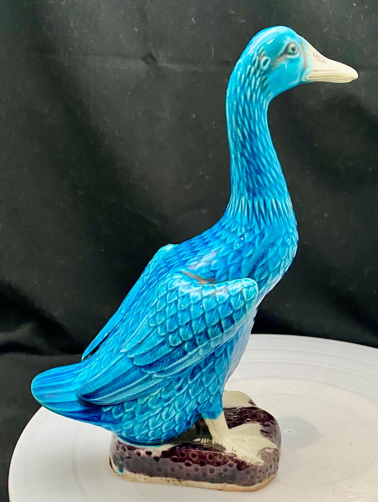 VTG PORCELAIN TURQUOISE BLUE DUCK GOOSE GLAZED MEDIUM/BIG FIGURE 8.7″ c1900 vg