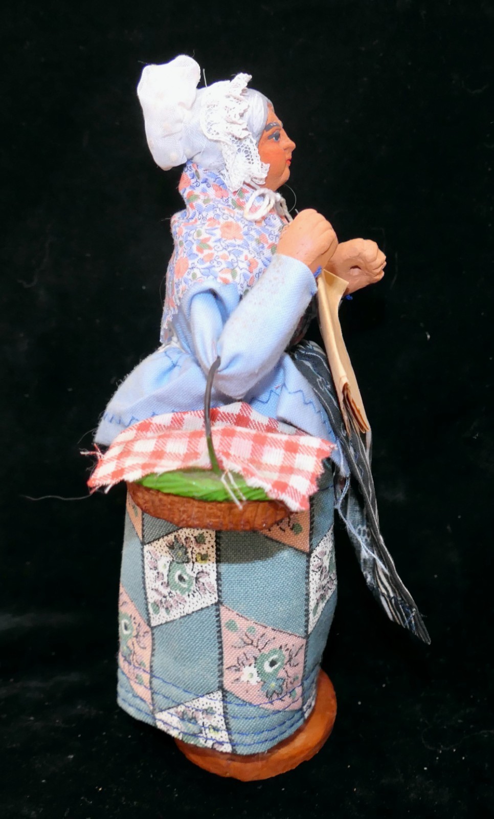 Vintage Santon France Terracotta La Vielle Old Woman with Basket & Paper