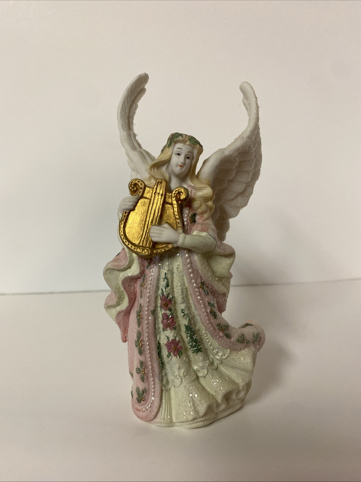 VTG Porcelain Angel GLITTER Figurine 6” Harp Pastel Christmas Decor