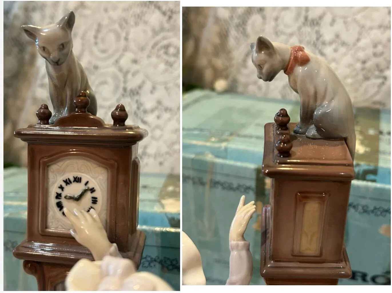 Lladro Cat “Bedtime” 5347 Llardo Porcelain Girl & Cat on Grandfather clock