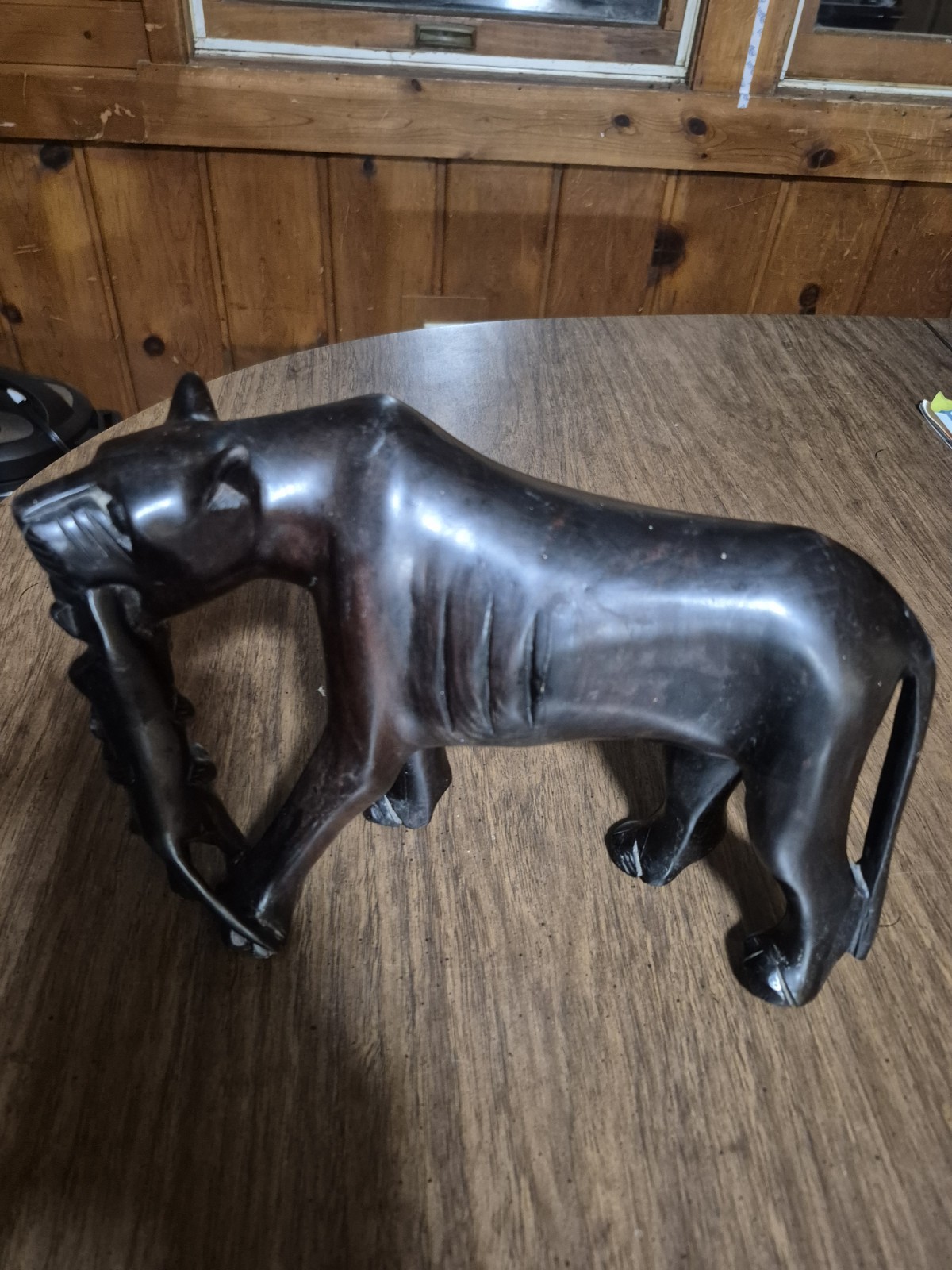 Ebony Wood Panther & Monkeys Hand Carved Figurine