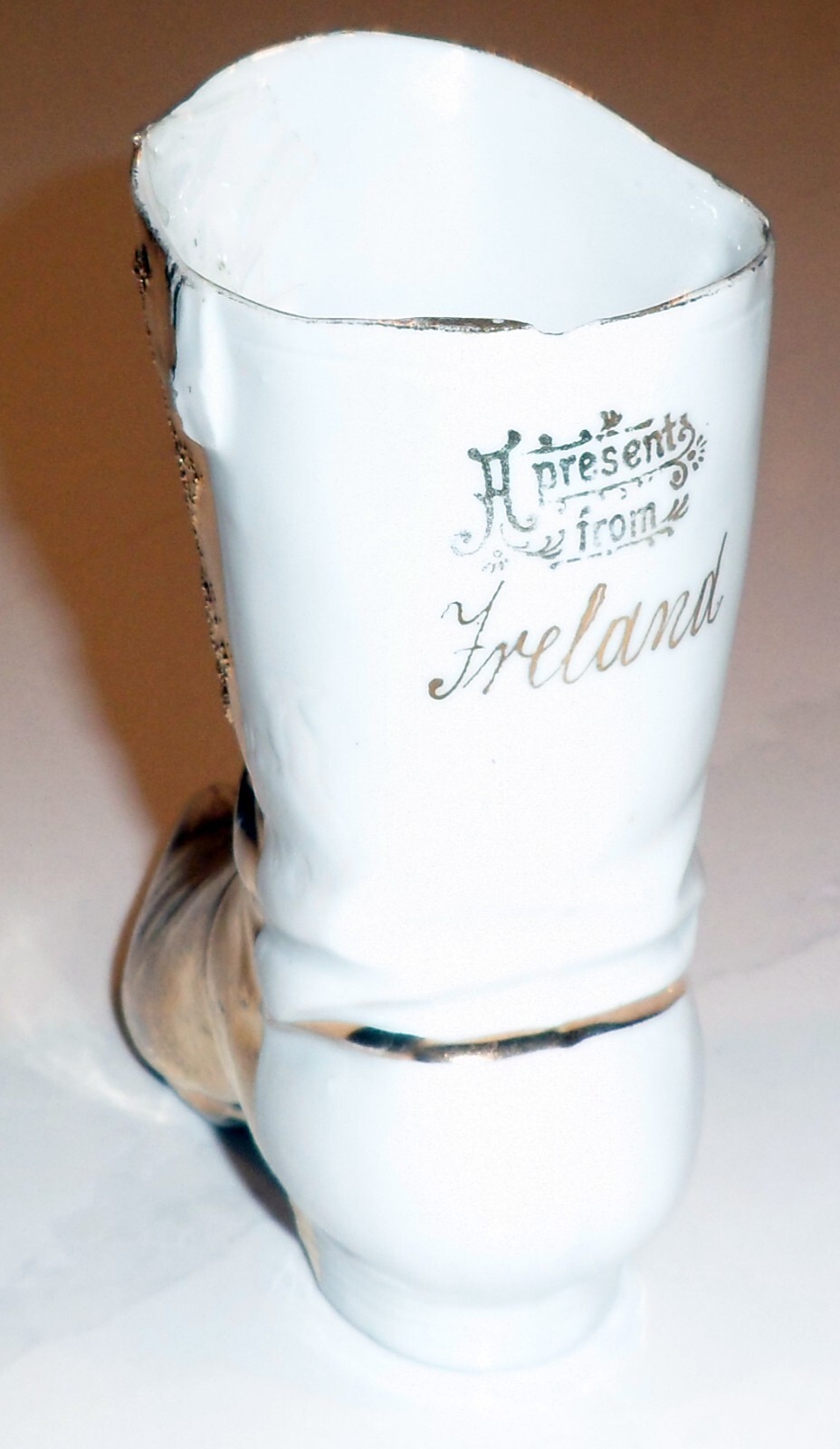 Vintage Victorian Ceramic boot – 4.5″ white & gold – Present from Ireland