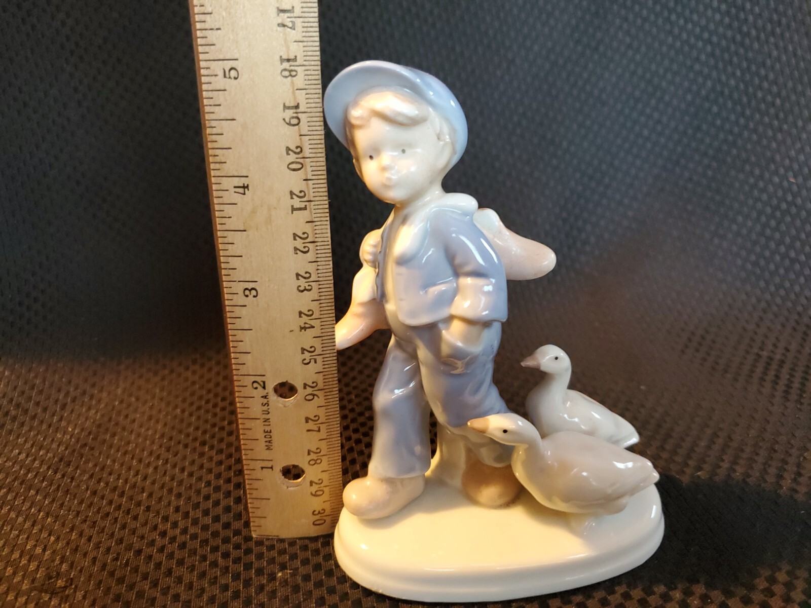 Vtg Boy With Ducks Geese Porcelain Figurine Carrying Pink Shoes Blue White Japan