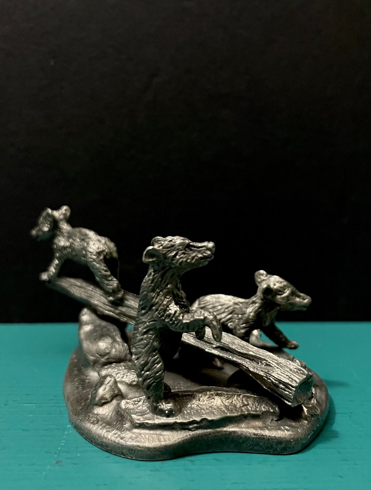 Pewter Three Bears Cubs Forest Tree Logs Wildlife Animals Diorama Art Figurine
