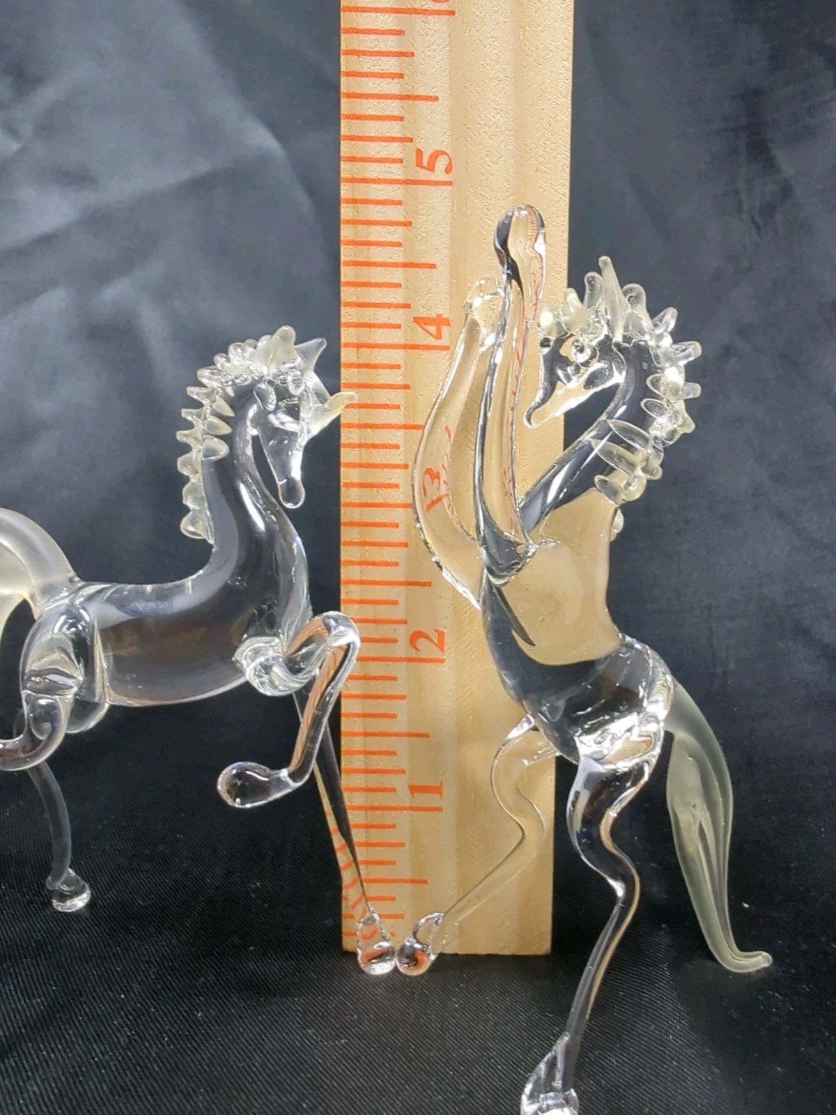 2 Small Clear + Frosted Glass Horse Figurines Prancing Rearing Horses Figure