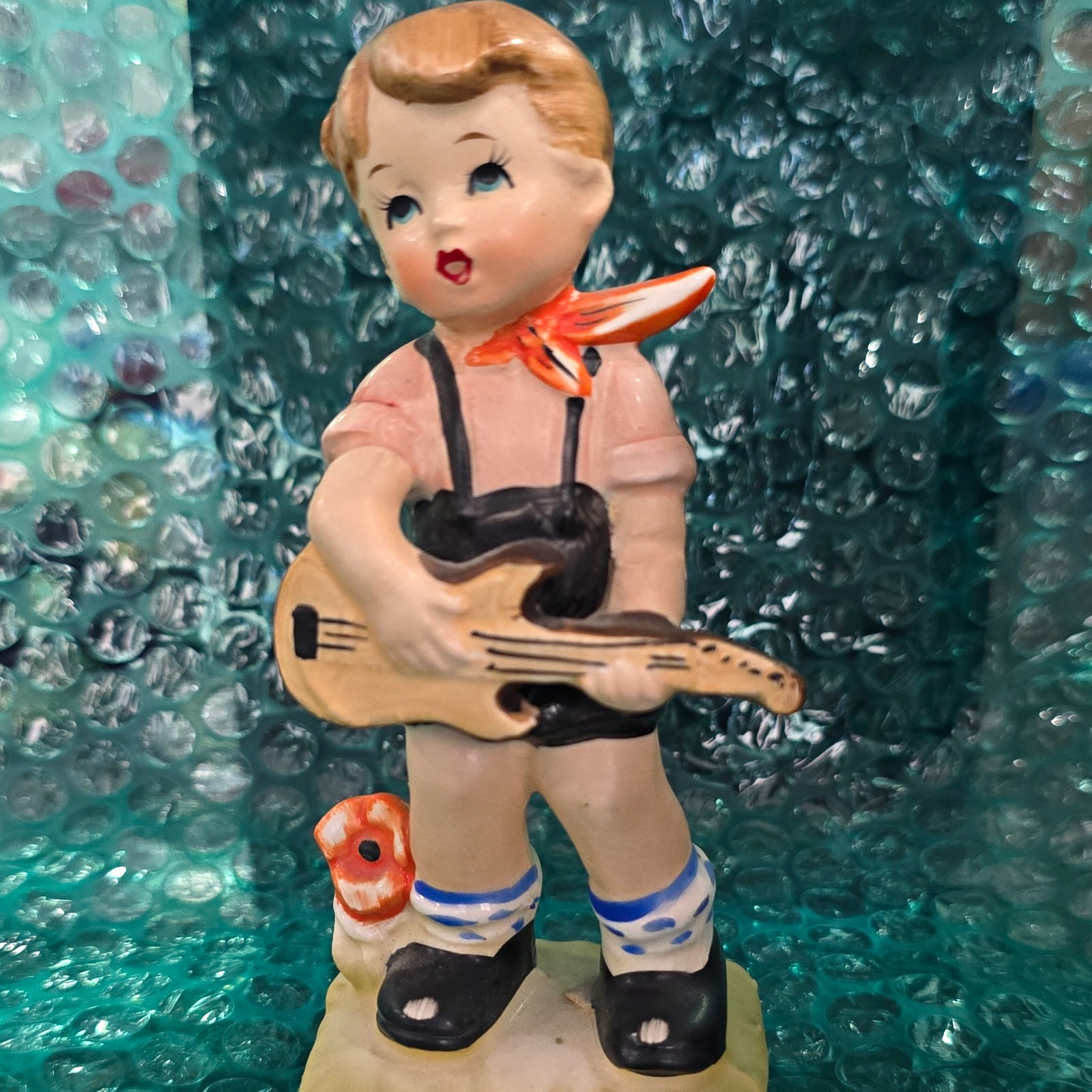 Hand Painted Ceramic Boy Playing Guitar Figurine w/ Dog Base, Glossy