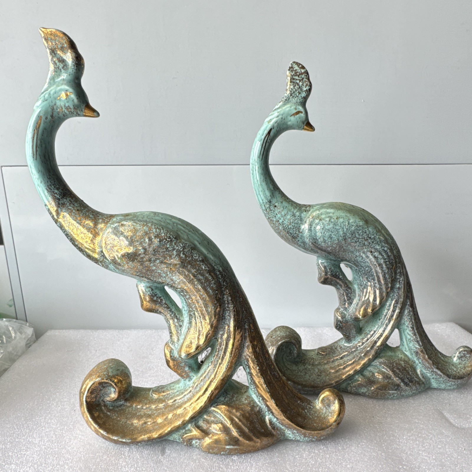 Ceramic Peacock Figurines Pair Turquoise & Gold Metallic Speckled 12″