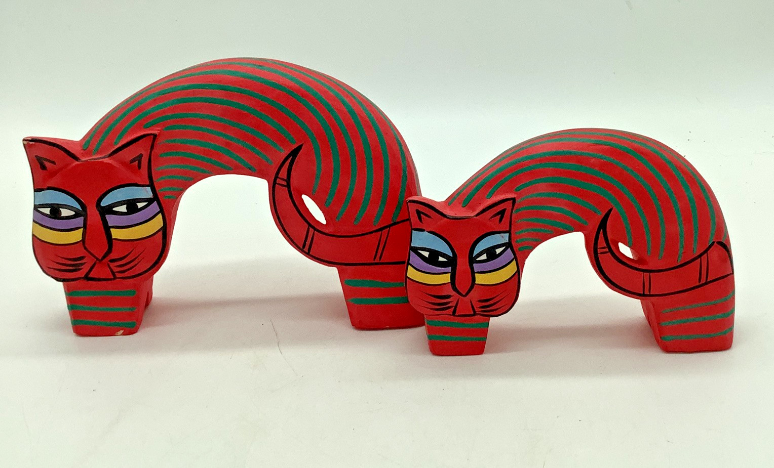Vintage Laurel Birch Cat Figurines Arched Hand Painted Red with Green Stripes