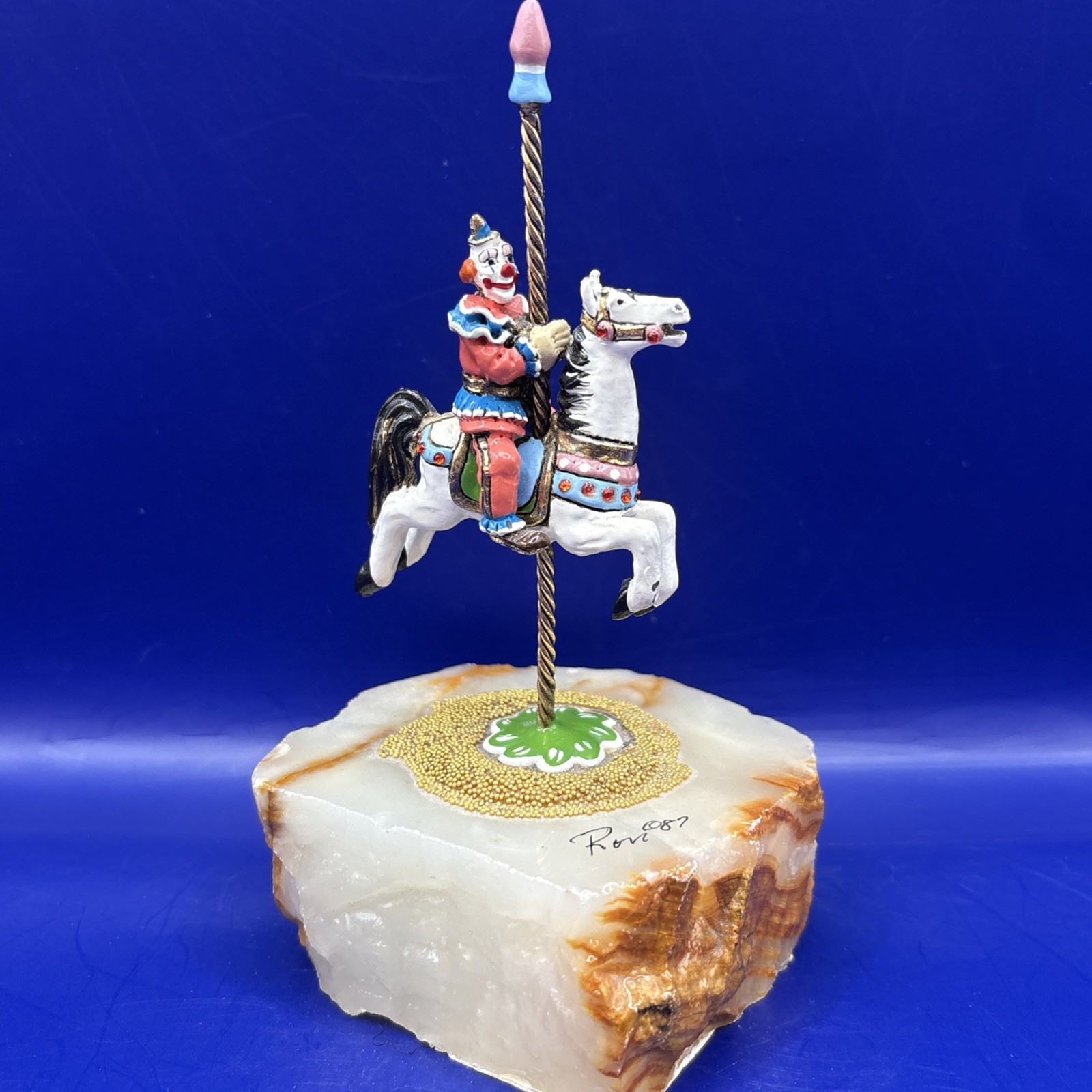 Vintage 1987 Ron Lee Clown Carousel Horse Figurine Onyx Base SIGNED Intact Gold