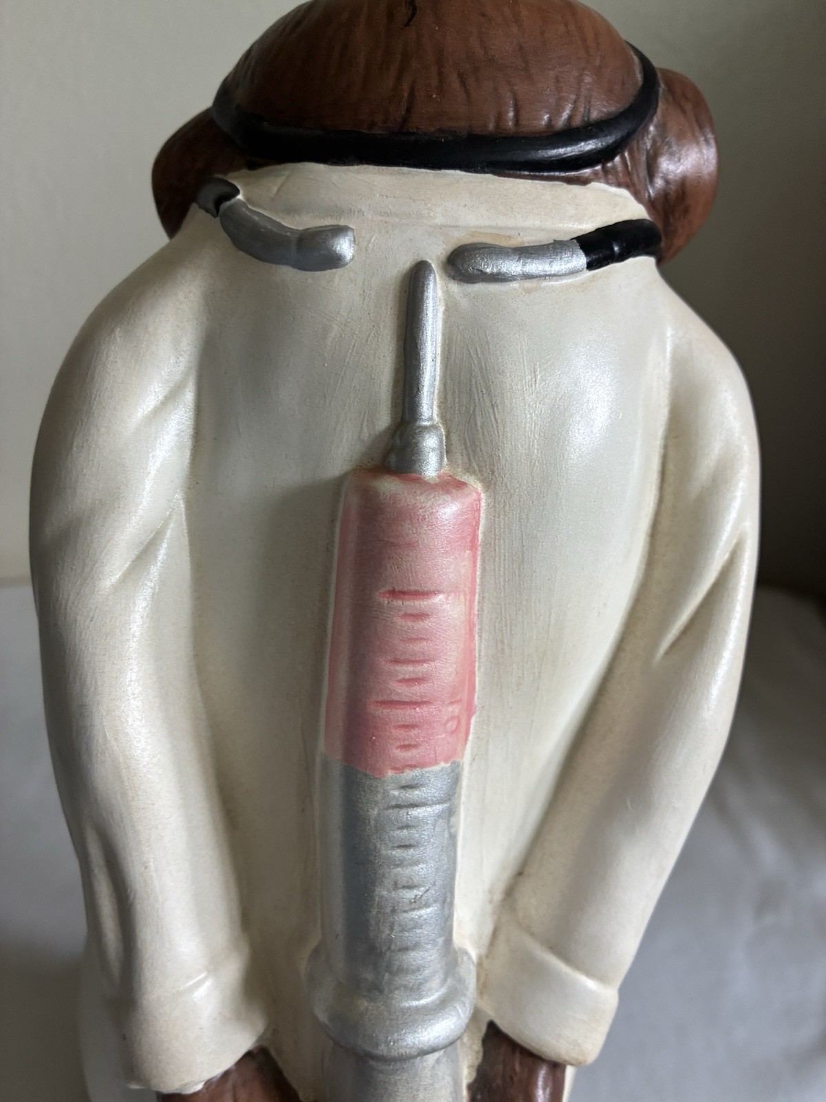 VTG Monkey Doctor Holding Syringe Ceramic Chimpanzee 13″ Statue Vet ER Decor