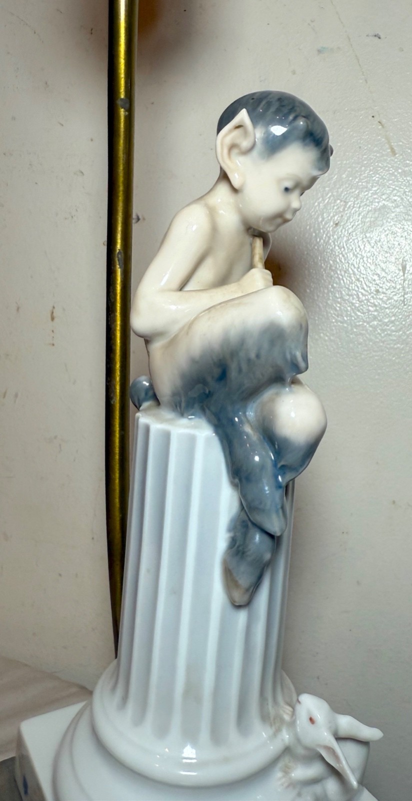 Vintage Royal Copenhagen Satyr Faun Child Perched on Column w Rabbit table lamp