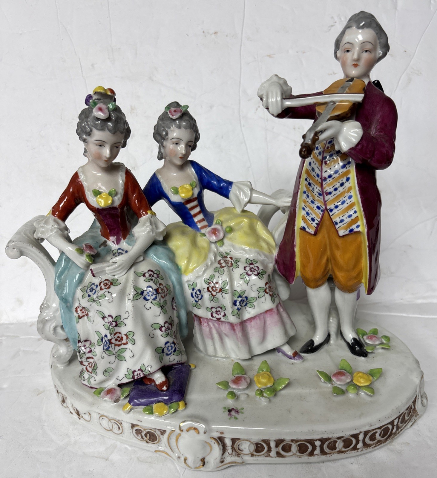 Antique Dresden STyle Porcelain Victorian Violinist & Ladies MadeIn Japan 10.5″
