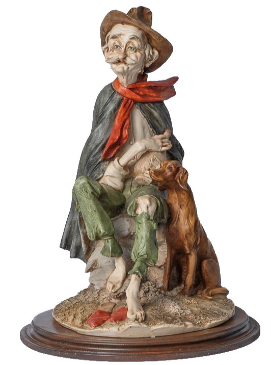 Capodimonte Italian Porcelain 17″ Hobo with Dog Figurine Wood Base