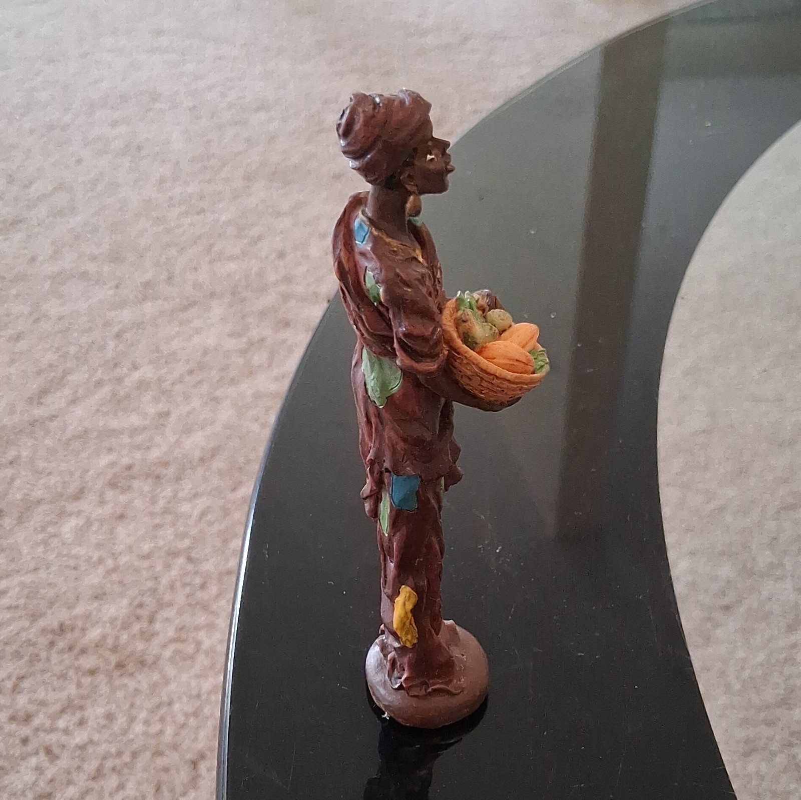Painted Woman Figurine Multicolor Brown Basket People Theme 3D Effect