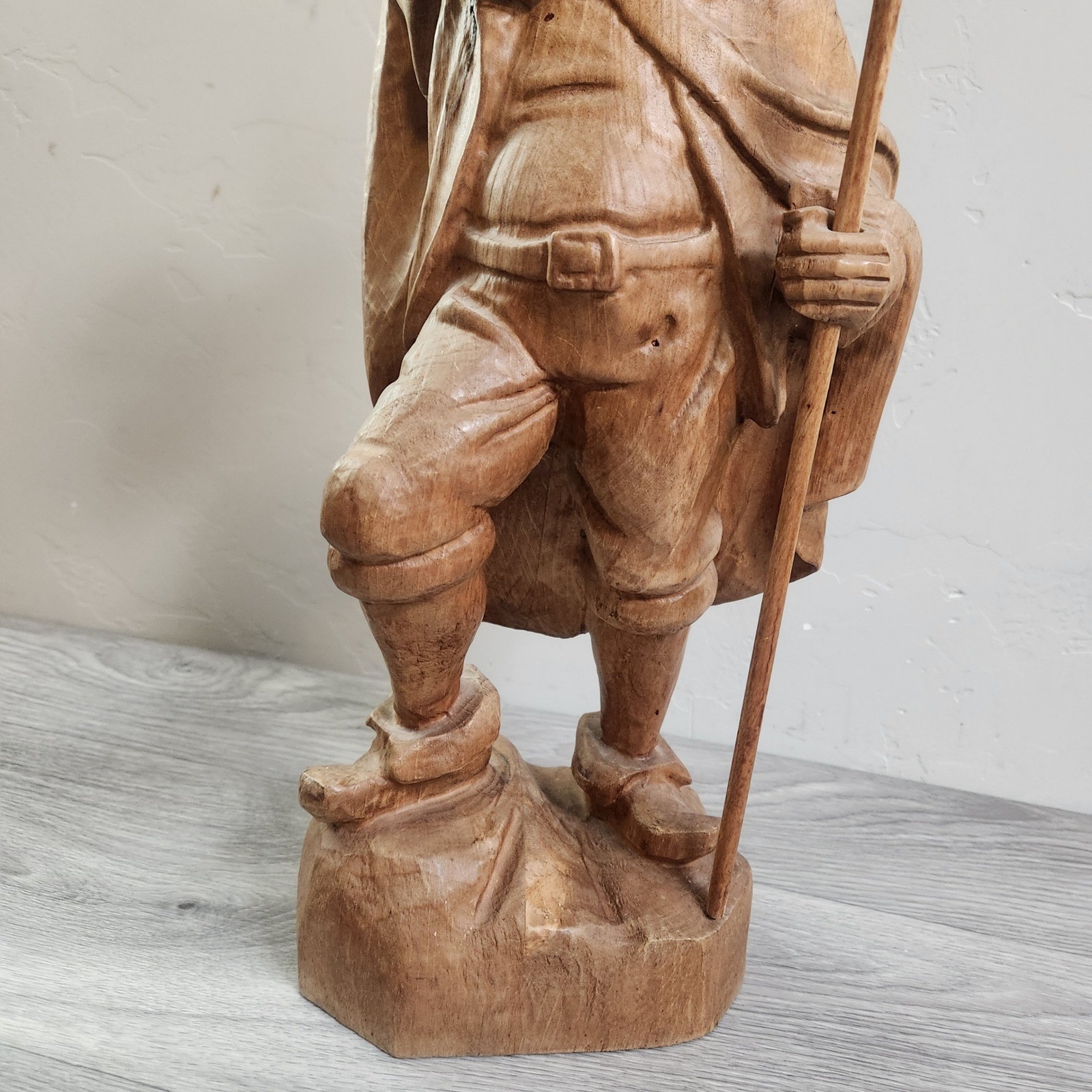 Vintage Hand Carved Fine Wood Man Traveler Lantern Night Watcher Solid Folk Art