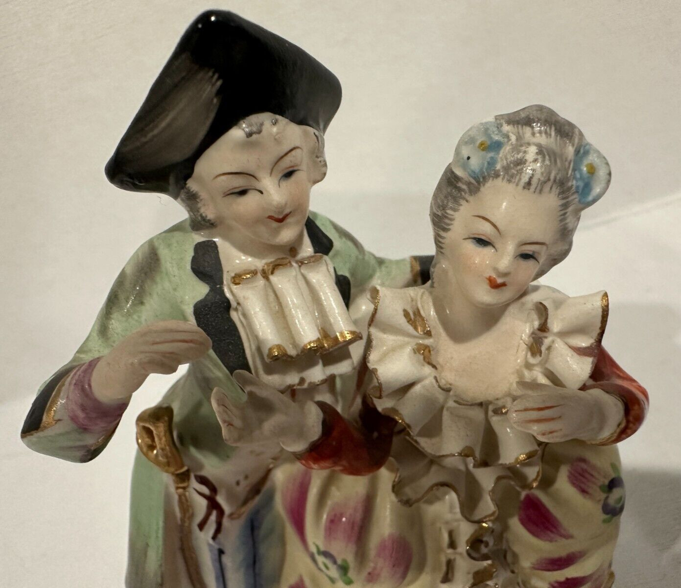 Wales Bone China Dancing Couple Figurine 6″ Tall Green Crossed Swords Mark