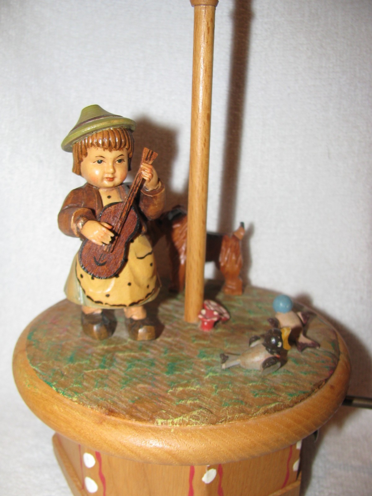 Wood Carved ANRI Italy Music Box Little Girl W/Guitar & Terrier Dog