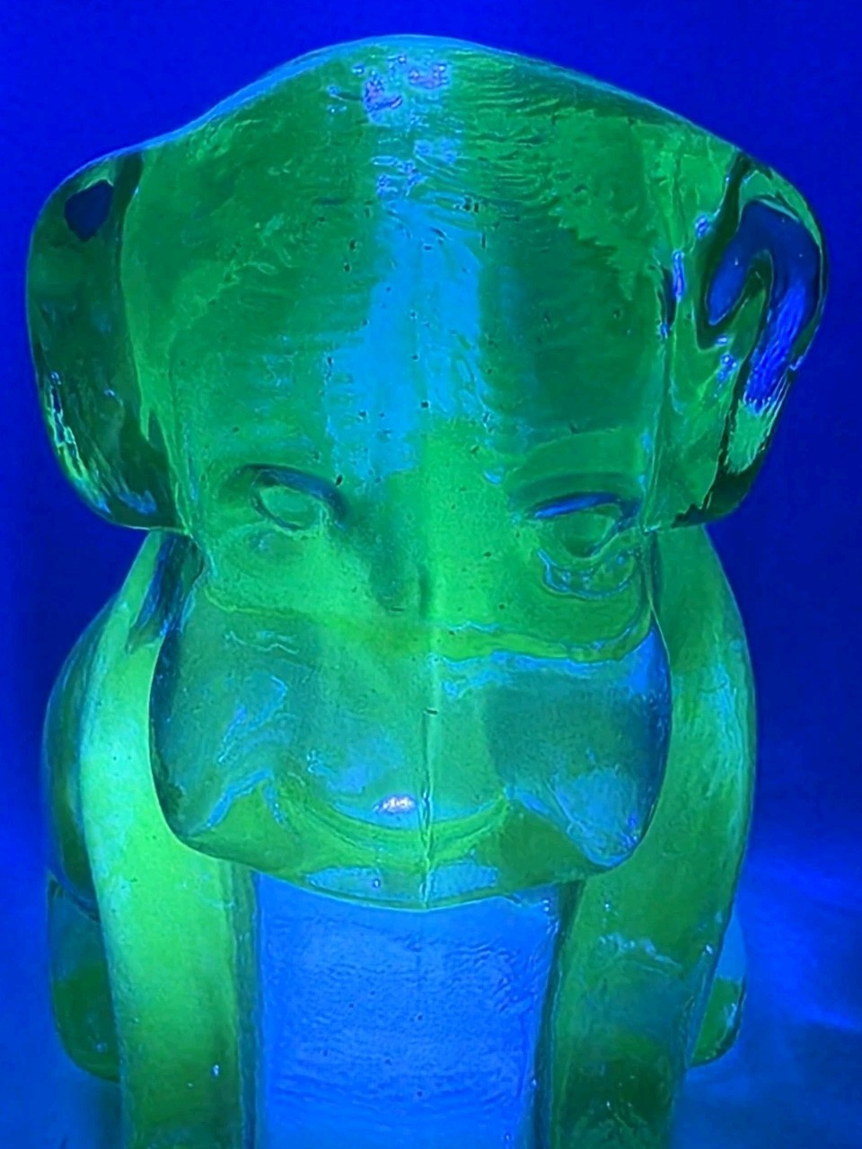 VTG Degenhart Glass “Pooch” Puppy Dog Figurine – Teal / Smokey Blue (UV Glow)