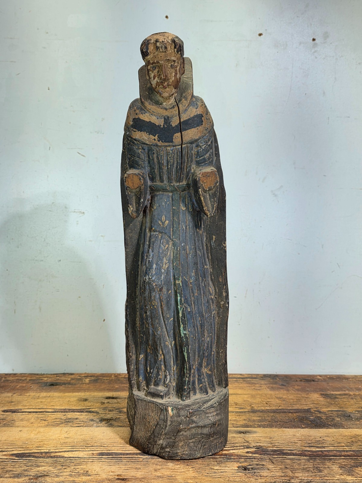 Antique Spanish Colonial Santo Bulto Wood Carving Monk Figure Saint Dominic 20″