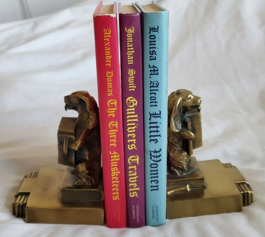 2 Vtg Figurine Cocker Spaniel Dog Plays Accordion Bookends Brass Gold 5 x 3.5 in