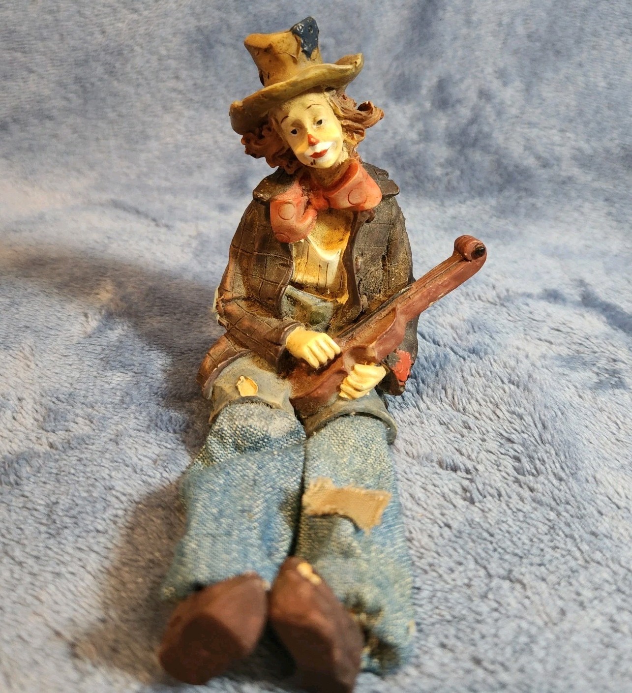 Hobo Clown Figurine Folk Art Resin & Cloth Pants Violin Country Shelf Sitter