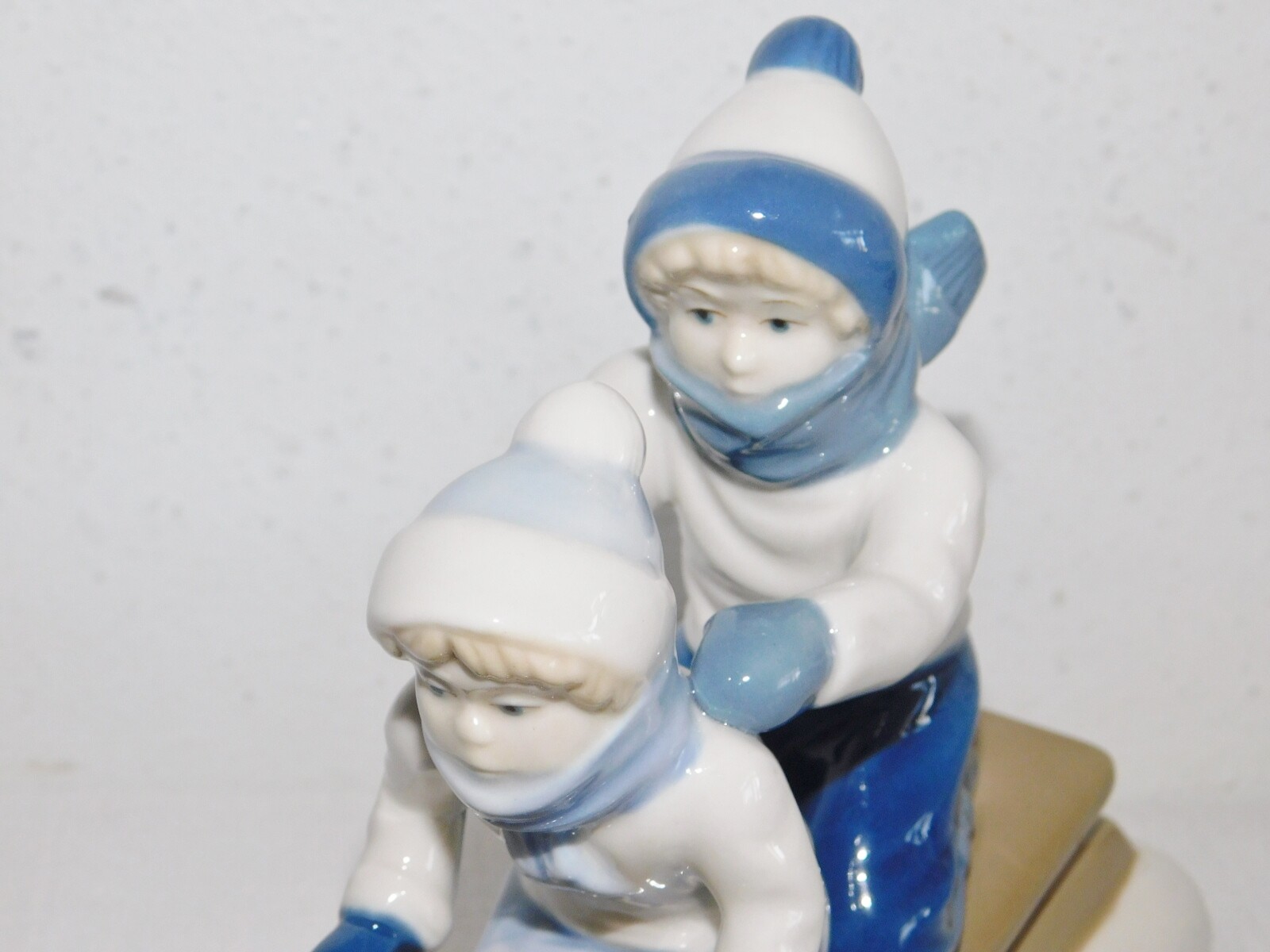 1992 Vintage Paul Sebastian Porcelain Figurine Boy & Girl on Sled Sledding 6″
