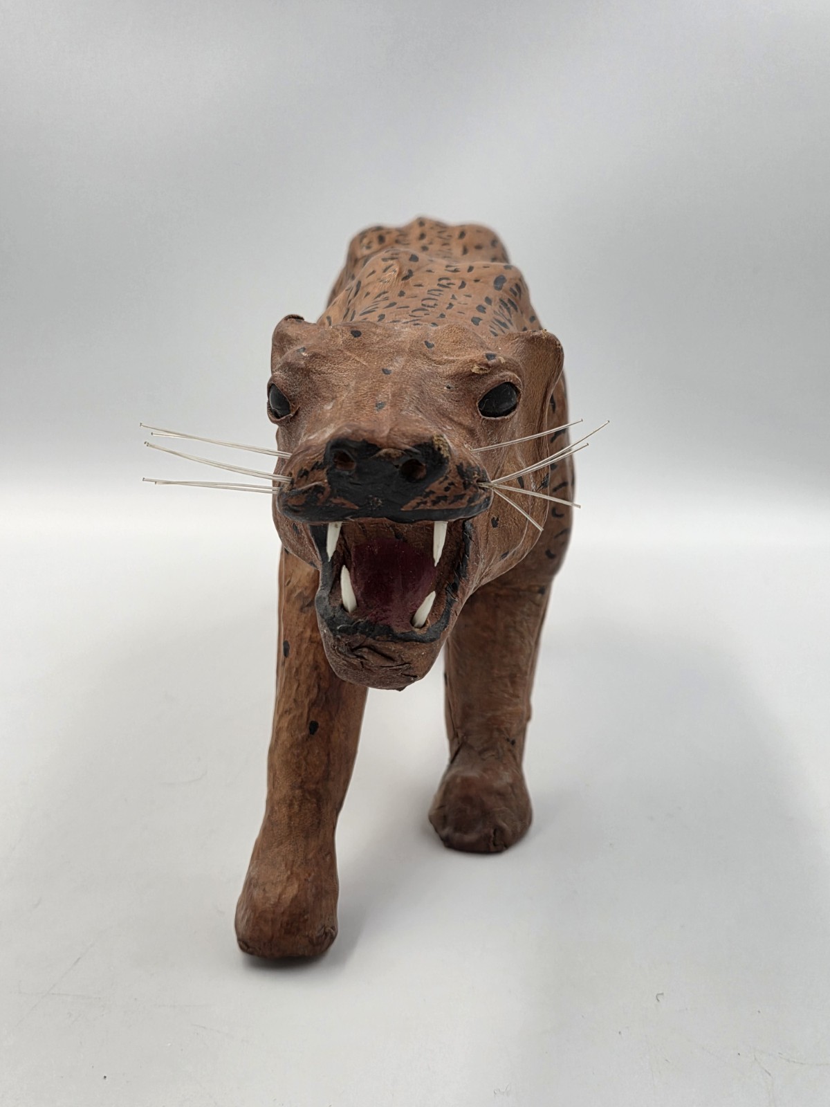 Vintage Leather Wrapped Leopard Cheetah Spotted Cat Sculpture Figure 13 X 6